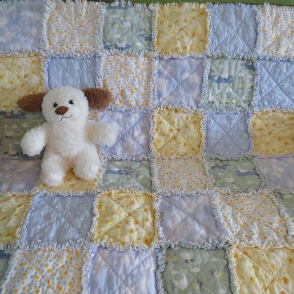 Flannel Rag Quilt With Batting 42 x 42 Blue and Yellow With Ducks - Picture 12 of 12